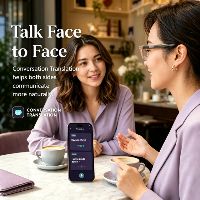 Alt view image 3 of 7 - Al Smart Glasses,Bluetooth Translation Glasses with 164 Languages-Pink Color-Change Lens, Music & Call, IP65 Waterproof, Free App, Fashion Audio Glasses for Meeting Driving Travelling,Thin Temples