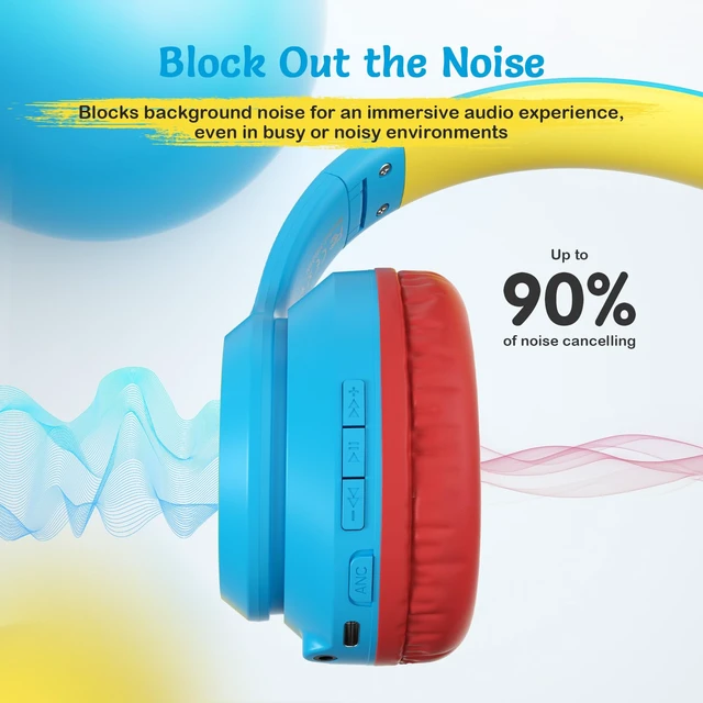 Alt view image 3 of 7 - Kids Bluetooth Headphones with ANC for School Travel Gift Wireless Over-Ear Headphones for Boys Girls, Foldable, Adjustable, Safe Volume, 40H Playtime, Mic for School Travel