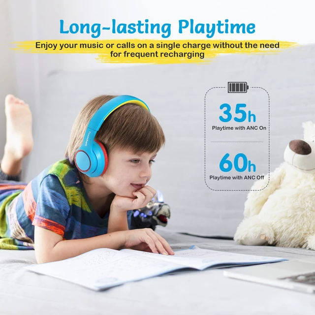 Alt view image 7 of 7 - Kids Bluetooth Headphones with ANC for School Travel Gift Wireless Over-Ear Headphones for Boys Girls, Foldable, Adjustable, Safe Volume, 40H Playtime, Mic for School Travel