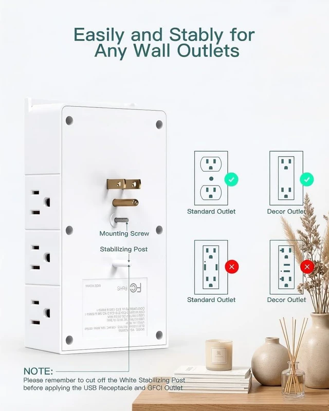 Alt view image 3 of 7 - Multi Plug Wall Outlet, Surge Protector Wall Mount with 12 Outlet Extender 4 Sides and 3 USB Ports (2 USB-C), Outlet Splitter Power Strip for Home Office Dorm Room Essentials, White
