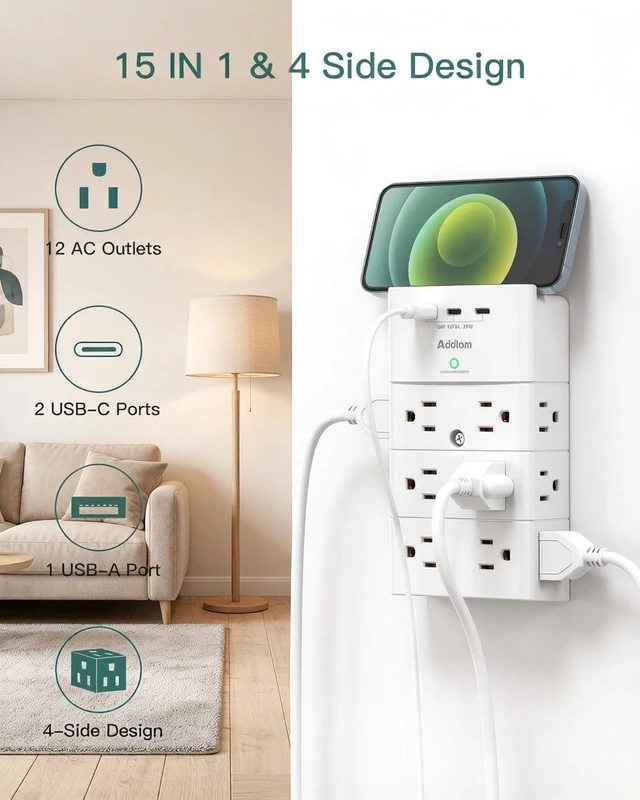 Alt view image 2 of 7 - Multi Plug Wall Outlet, Surge Protector Wall Mount with 12 Outlet Extender 4 Sides and 3 USB Ports (2 USB-C), Outlet Splitter Power Strip for Home Office Dorm Room Essentials, White