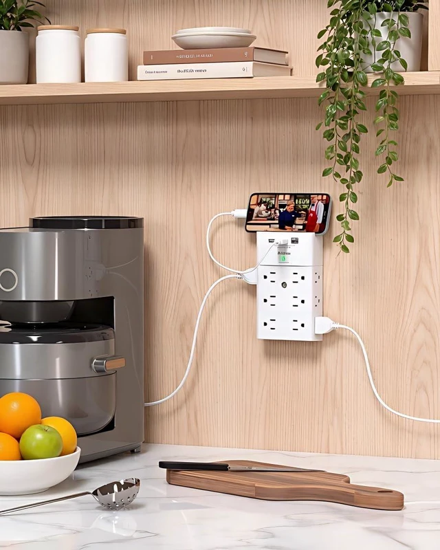 Alt view image 6 of 7 - Multi Plug Wall Outlet, Surge Protector Wall Mount with 12 Outlet Extender 4 Sides and 3 USB Ports (2 USB-C), Outlet Splitter Power Strip for Home Office Dorm Room Essentials, White