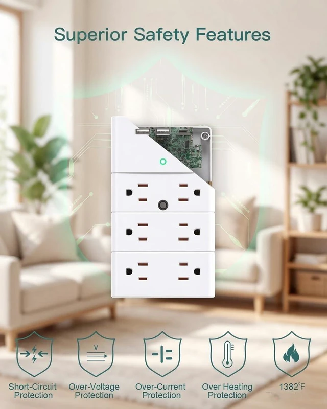 Alt view image 5 of 7 - Multi Plug Wall Outlet, Surge Protector Wall Mount with 12 Outlet Extender 4 Sides and 3 USB Ports (2 USB-C), Outlet Splitter Power Strip for Home Office Dorm Room Essentials, White
