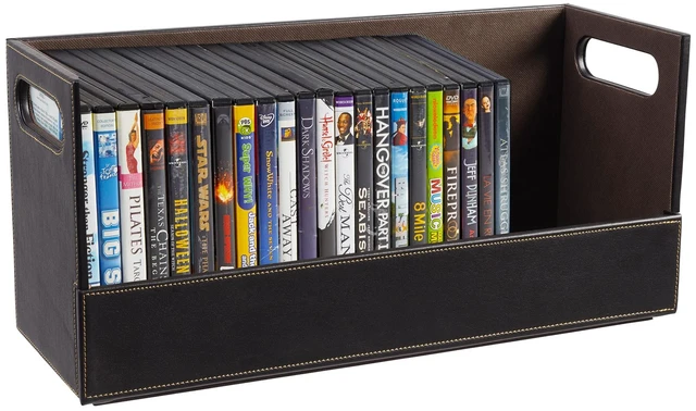 Main image of DVD Storage Box, Movie Shelf Organizer for Blu-Ray, Video Game Cases, CDs, VHS Tape Display Stand, Disc Holder Can Store Up to 28 DVDs, Faux Leather (Espresso)