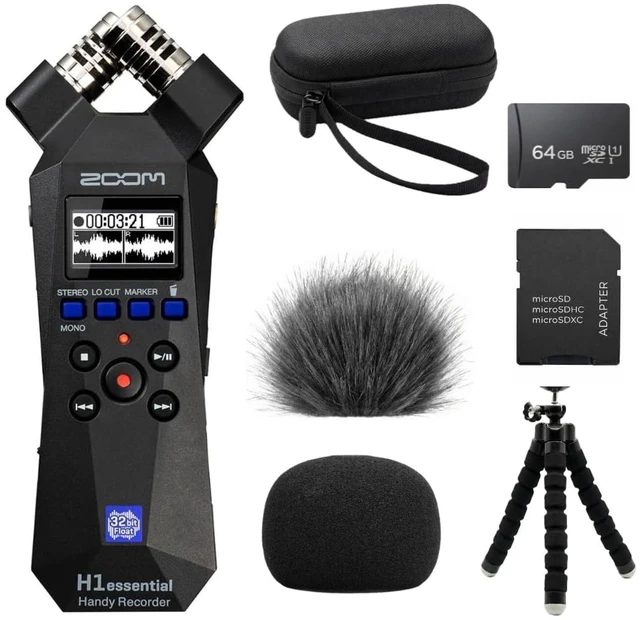 Main image of H1essential Recorder Bundle with 64GB Card, Case, Windscreens & Tripod 32-bit float recorder bundle with 64GB microSD card, adapter, 99KOLB EVA case, furry and foam windscreens, and octopus tripod