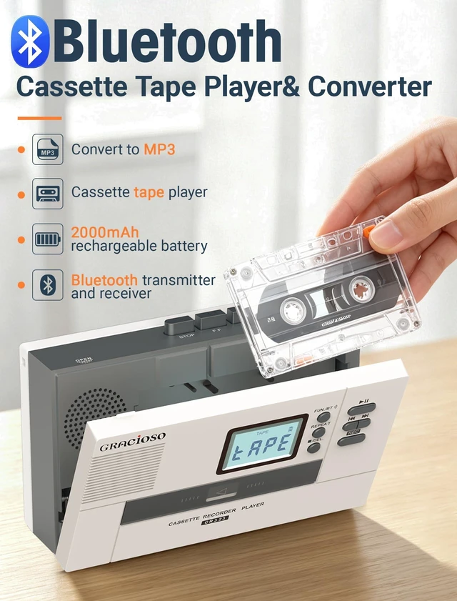 Alt view image 2 of 7 - Bluetooth Cassette to MP3 Converter with 2000mAH Battery Bluetooth Transmitter & Receiver Cassette Tape Player with 6W Speaker Cassette to MP3 via USB/Tape 3.5mm Earphone Jack