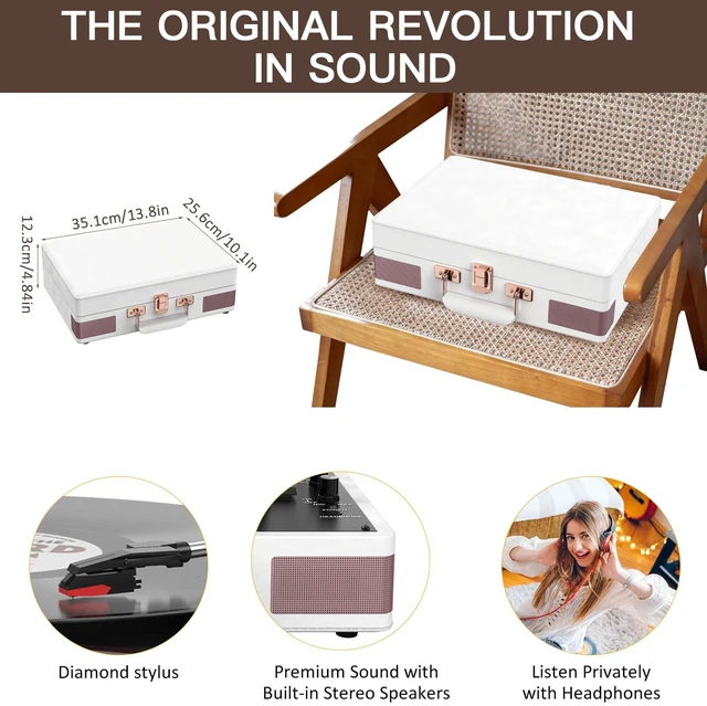 Alt view image 5 of 7 - Record Player 3 Speed Suitcase Design Bluetooth Playback, White Portable Vinyl Player, Built-in Speakers, Enhanced Audio Sound, 33/45/78 RPM, PU Leather, Vintage Turntable