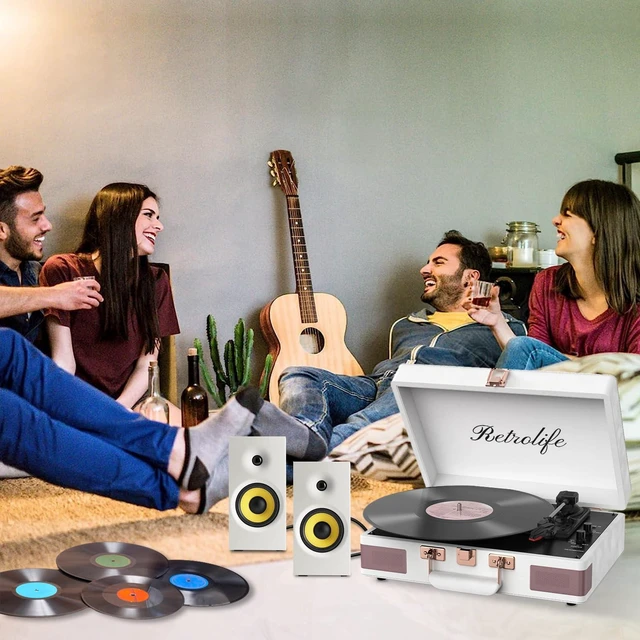 Alt view image 6 of 7 - Record Player 3 Speed Suitcase Design Bluetooth Playback, White Portable Vinyl Player, Built-in Speakers, Enhanced Audio Sound, 33/45/78 RPM, PU Leather, Vintage Turntable
