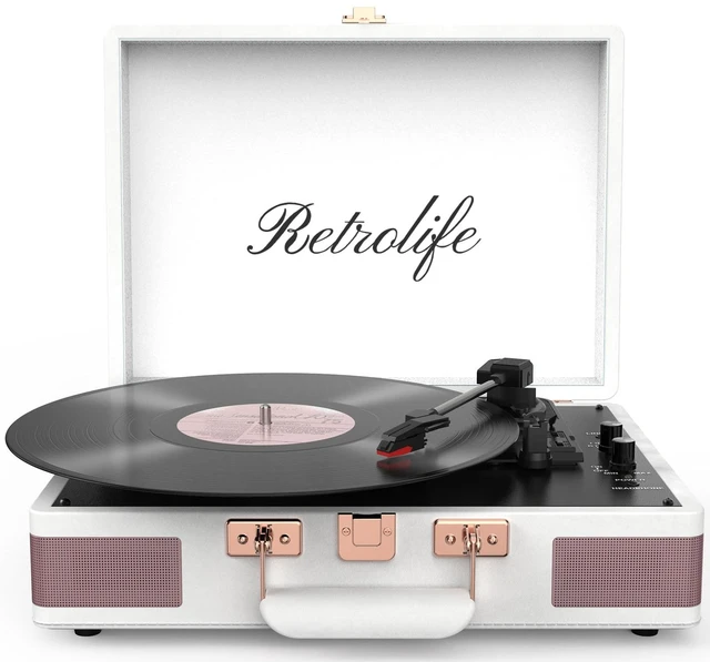 Alt view image 7 of 7 - Record Player 3 Speed Suitcase Design Bluetooth Playback, White Portable Vinyl Player, Built-in Speakers, Enhanced Audio Sound, 33/45/78 RPM, PU Leather, Vintage Turntable