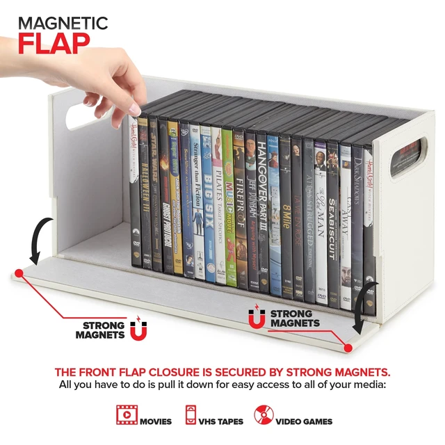Alt view image 3 of 7 - DVD Storage Box, Movie Shelf Organizer for Blu-Ray, Video Game Cases, CDs, VHS Tape Display Stand, Disc Holder Can Store Up to 28 DVDs, Faux Leather (White)
