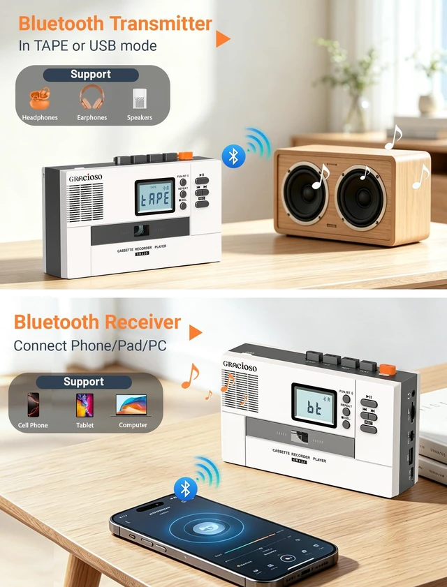 Alt view image 4 of 7 - Bluetooth Cassette to MP3 Converter with 2000mAH Battery Bluetooth Transmitter & Receiver Cassette Tape Player with 6W Speaker Cassette to MP3 via USB/Tape 3.5mm Earphone Jack