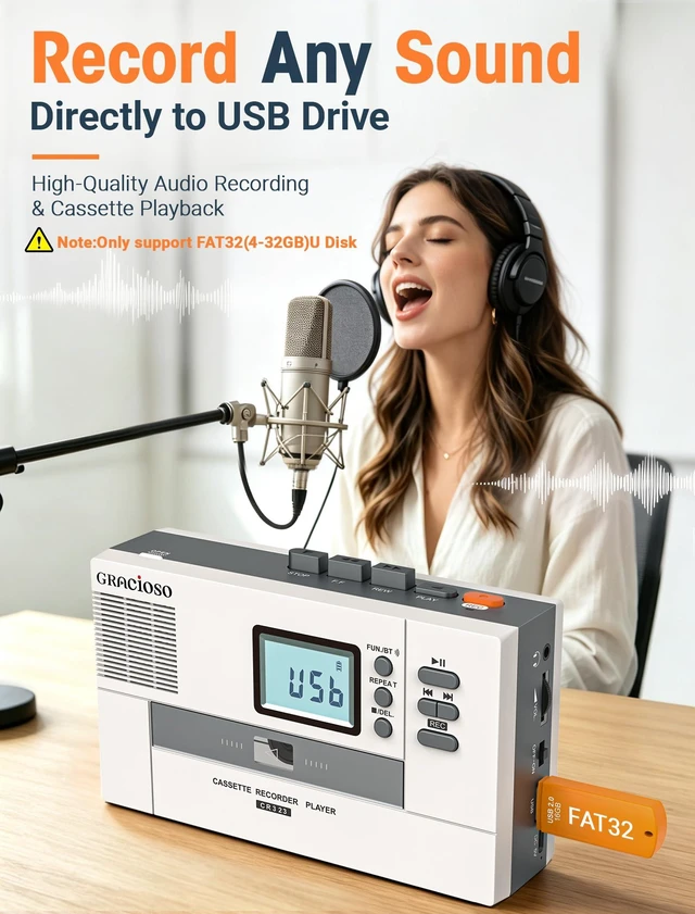 Alt view image 7 of 7 - Bluetooth Cassette to MP3 Converter with 2000mAH Battery Bluetooth Transmitter & Receiver Cassette Tape Player with 6W Speaker Cassette to MP3 via USB/Tape 3.5mm Earphone Jack