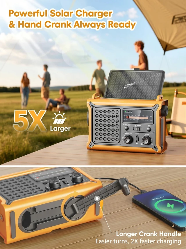 Alt view image 3 of 7 - 12000mAh Emergency Radio, AM/FM/NOAA Hand Crank Radio with High-Efficiency Solar Panel, USB & USB-C Charging, LED Flashlight, Reading Light & SOS for Power Outages, Hurricane, Storms, Camping