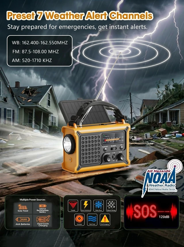 Alt view image 2 of 7 - 12000mAh Emergency Radio, AM/FM/NOAA Hand Crank Radio with High-Efficiency Solar Panel, USB & USB-C Charging, LED Flashlight, Reading Light & SOS for Power Outages, Hurricane, Storms, Camping