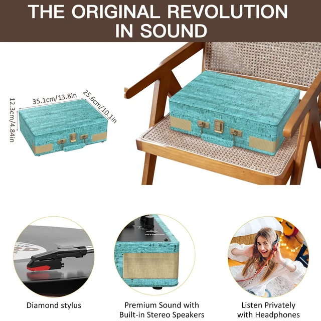 Alt view image 5 of 7 - Record Player 3 Speed Suitcase Design Bluetooth, Vintage Blue Portable Vinyl Player, Built-in Speakers, Enhanced Audio Sound, 33/45/78 RPM, PU Leather, Vintage Turntable