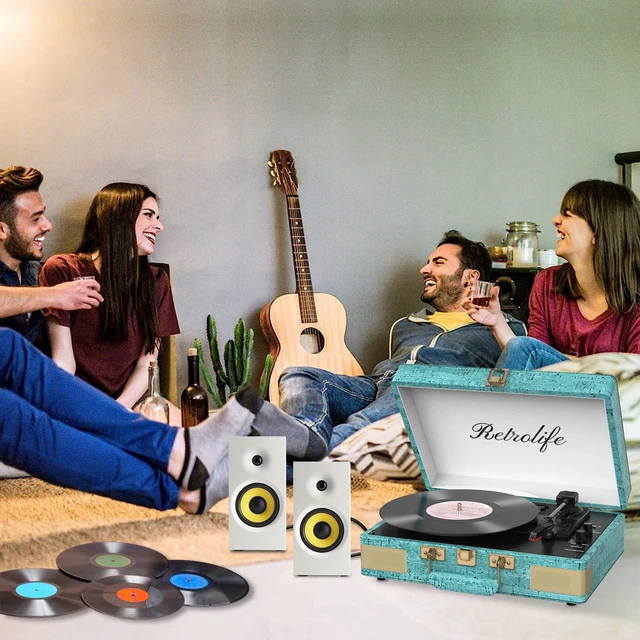 Alt view image 6 of 7 - Record Player 3 Speed Suitcase Design Bluetooth, Vintage Blue Portable Vinyl Player, Built-in Speakers, Enhanced Audio Sound, 33/45/78 RPM, PU Leather, Vintage Turntable