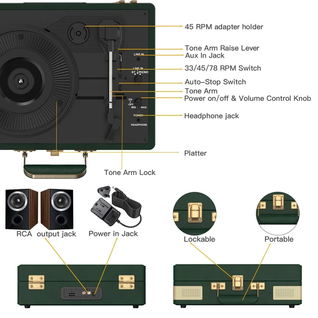 Alt view image 4 of 7 - Record Player 3 Speed Suitcase Design Bluetooth, Dark Green Portable Vinyl Player, Built-in Speakers, Enhanced Audio Sound, 33/45/78 RPM, PU Leather, Vintage Turntable