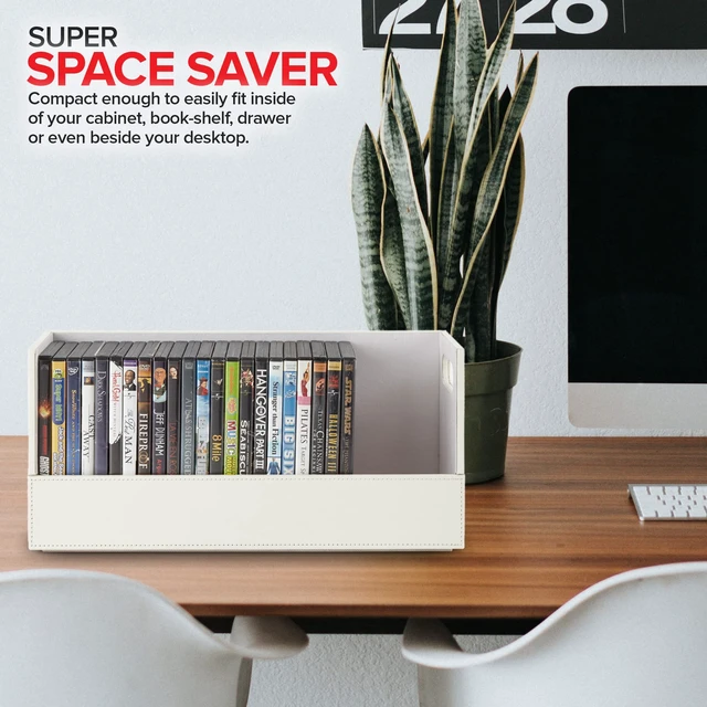 Alt view image 7 of 7 - DVD Storage Box, Movie Shelf Organizer for Blu-Ray, Video Game Cases, CDs, VHS Tape Display Stand, Disc Holder Can Store Up to 28 DVDs, Faux Leather (White)