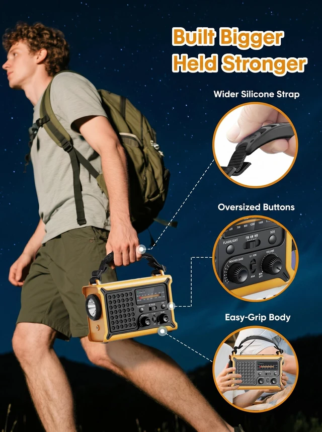 Alt view image 7 of 7 - 12000mAh Emergency Radio, AM/FM/NOAA Hand Crank Radio with High-Efficiency Solar Panel, USB & USB-C Charging, LED Flashlight, Reading Light & SOS for Power Outages, Hurricane, Storms, Camping