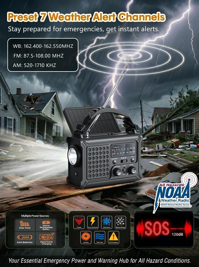 Alt view image 2 of 7 - 12000mAh Emergency Weather Radio, AM/FM/NOAA Solar Hand Crank Radio with 2X Panel, USB & USB-C Charging, LED Flashlight, Reading Light & SOS for Power Outages, Hurricane, Storms, Camping