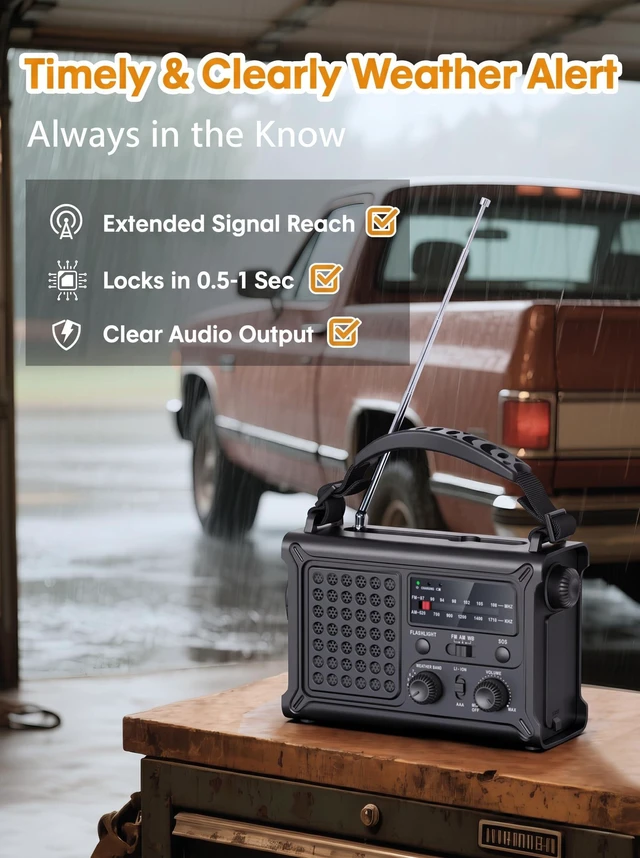 Alt view image 5 of 7 - 12000mAh Emergency Weather Radio, AM/FM/NOAA Solar Hand Crank Radio with 2X Panel, USB & USB-C Charging, LED Flashlight, Reading Light & SOS for Power Outages, Hurricane, Storms, Camping
