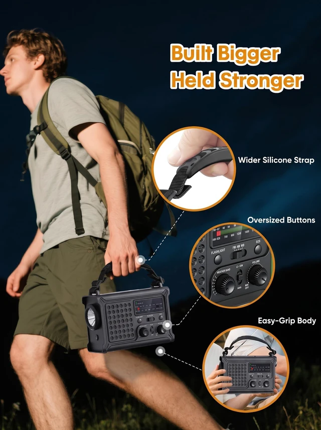 Alt view image 7 of 7 - 12000mAh Emergency Weather Radio, AM/FM/NOAA Solar Hand Crank Radio with 2X Panel, USB & USB-C Charging, LED Flashlight, Reading Light & SOS for Power Outages, Hurricane, Storms, Camping