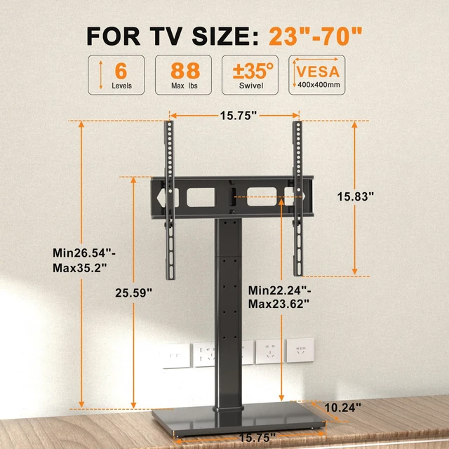 Alt view image 2 of 7 - Universal Swivel TV Stand Base Table Top TV Stand for 23-70 Inch TVs 70 Degree Swivel, 6 Height Adjustable Tall Monitor Mount Stand, Max VESA 400x400mm,Holds up to 88lbs TS206