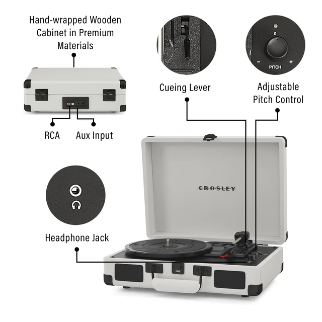 Alt view image 3 of 7 - CR8005DP-WF Cruiser Plus Record Player, White Farmhouse 3-Speed Turntable, Bluetooth In / Out, Built-in Stereo Speakers, Isolated Internal Speakers Minimize Vibration