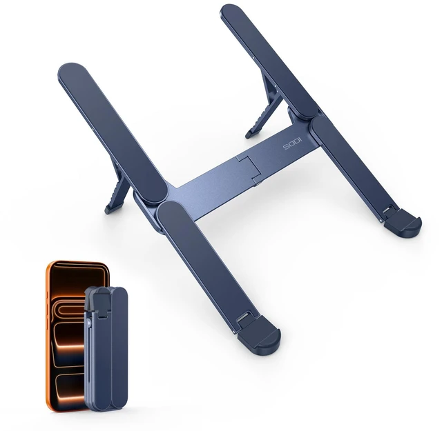 Main image of Ultra Compact Foldable Laptop Stand - Portable Laptop Holder for Desk & Travel Use, Adjustable, Ergonomic Aluminum Computer Holder for MacBook, Tablet 10-16" (Blue, Bi-Fold)