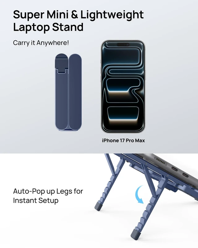Alt view image 3 of 7 - Ultra Compact Foldable Laptop Stand - Portable Laptop Holder for Desk & Travel Use, Adjustable, Ergonomic Aluminum Computer Holder for MacBook, Tablet 10-16" (Blue, Bi-Fold)