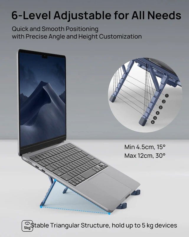 Alt view image 4 of 7 - Ultra Compact Foldable Laptop Stand - Portable Laptop Holder for Desk & Travel Use, Adjustable, Ergonomic Aluminum Computer Holder for MacBook, Tablet 10-16" (Blue, Bi-Fold)