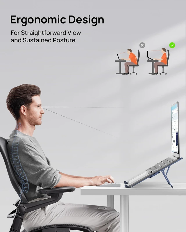 Alt view image 5 of 7 - Ultra Compact Foldable Laptop Stand - Portable Laptop Holder for Desk & Travel Use, Adjustable, Ergonomic Aluminum Computer Holder for MacBook, Tablet 10-16" (Blue, Bi-Fold)