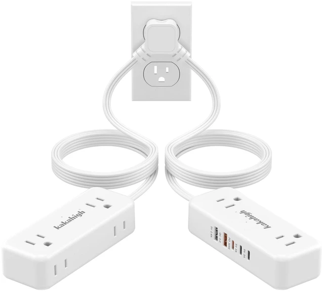 Main image of PD30W Split Extension Cord 10FT (5FT on Each Side), His and Hers Single Flat Plug Twin Extension Cord with 4 AC Outlets, 2 USB-A & 3 USB-C, Nightstand Charging Station for Bedroom Dorm Room