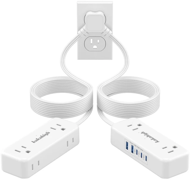 Main image of Split Extension Cord 20FT (10FT on Each Side), His and Hers Single Flat Plug Twin Extension Cord with 4 AC Outlets, 2 USB-A & 3 USB-C, Nightstand Charging Station for Bedroom Dorm Room