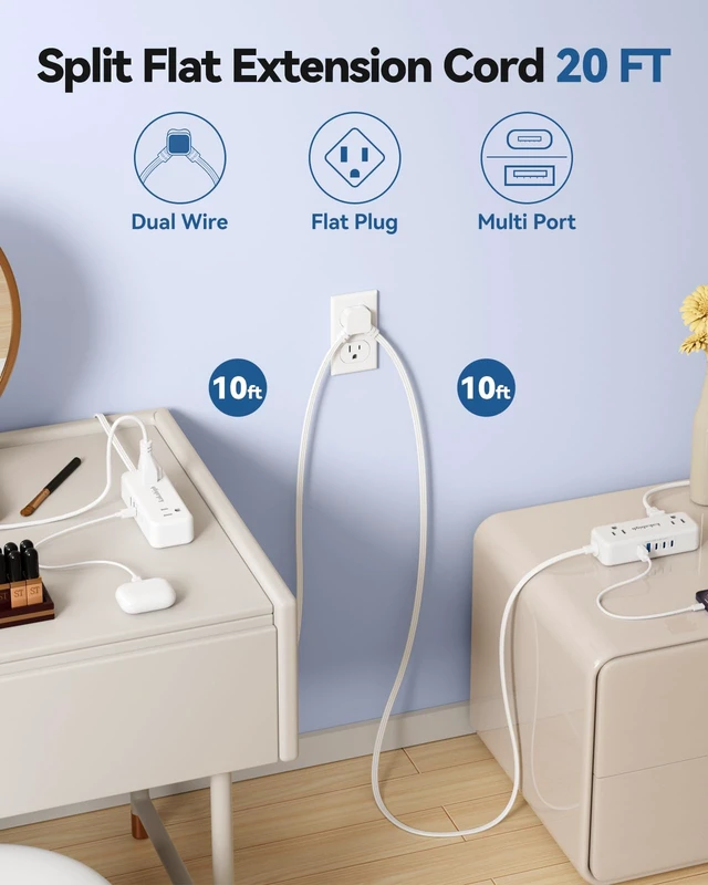 Alt view image 2 of 7 - Split Extension Cord 20FT (10FT on Each Side), His and Hers Single Flat Plug Twin Extension Cord with 4 AC Outlets, 2 USB-A & 3 USB-C, Nightstand Charging Station for Bedroom Dorm Room