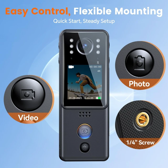 Alt view image 7 of 7 - 4K Body Camera with 2pcs Batteries, Small Body Cam with Video and Audio Recording, Z13 Mini Camera with Charging Dock&Night Vision, for Stuff, Outdoor, Vlogging,Daily Recording (128GB)