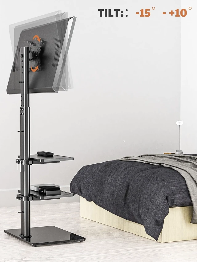Alt view image 3 of 7 - Universal Floor TV Stand with Mount for 19 to 43 inch Flat Screen TV, 100 Degree Swivel,Adjustable Height and Tilt Function, 3 Shelves Space Saving Standing TV Mount for Bedroom Living Room Corner