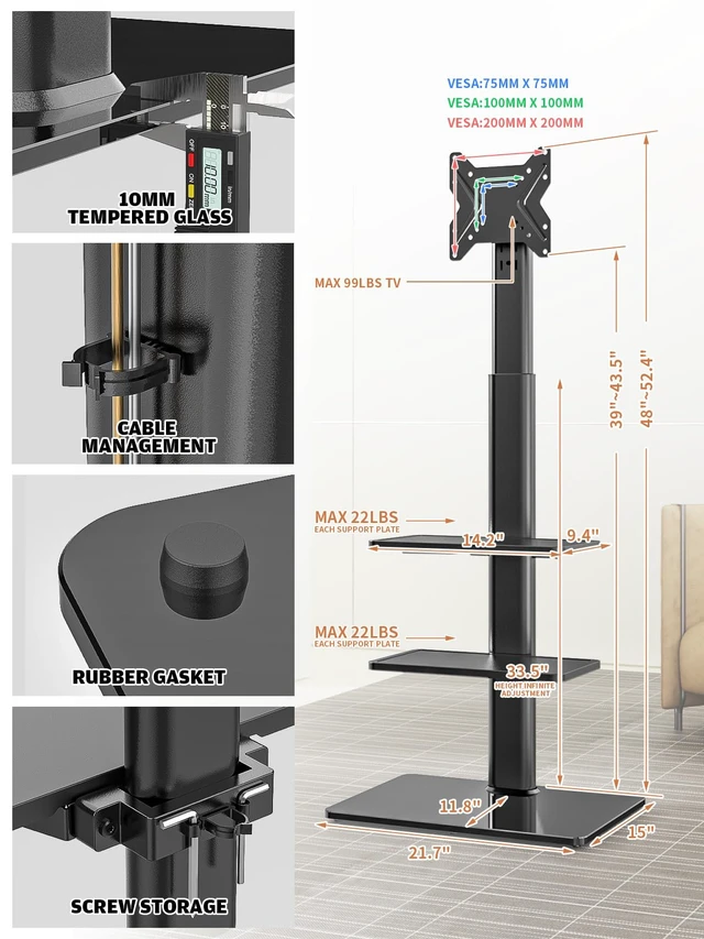 Alt view image 6 of 7 - Universal Floor TV Stand with Mount for 19 to 43 inch Flat Screen TV, 100 Degree Swivel,Adjustable Height and Tilt Function, 3 Shelves Space Saving Standing TV Mount for Bedroom Living Room Corner
