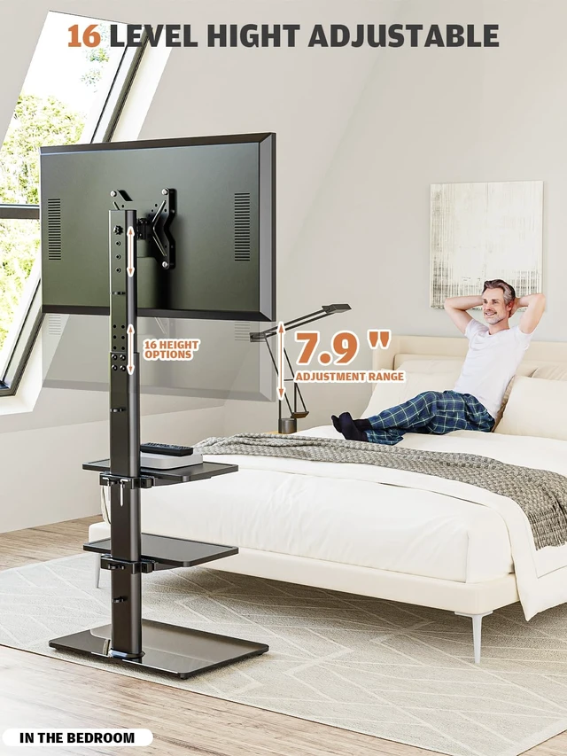 Alt view image 5 of 7 - Universal Floor TV Stand with Mount for 19 to 43 inch Flat Screen TV, 100 Degree Swivel,Adjustable Height and Tilt Function, 3 Shelves Space Saving Standing TV Mount for Bedroom Living Room Corner