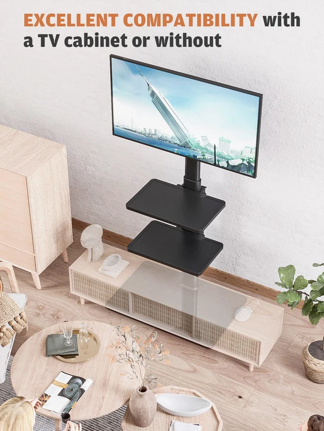 Alt view image 7 of 7 - Universal Floor TV Stand with Mount for 19 to 43 inch Flat Screen TV, 100 Degree Swivel,Adjustable Height and Tilt Function, 3 Shelves Space Saving Standing TV Mount for Bedroom Living Room Corner