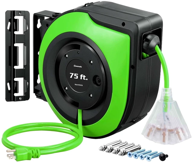 Main image of 75FT Extension Cord Reel10A Circuit Breaker, UL Listed, Green Lighted Triple Outlets, 14/3C SJTOW, 10A Circuit Breaker, Ceiling/Wall Mount, 180° Swivel Bracket for Garage, Workshop