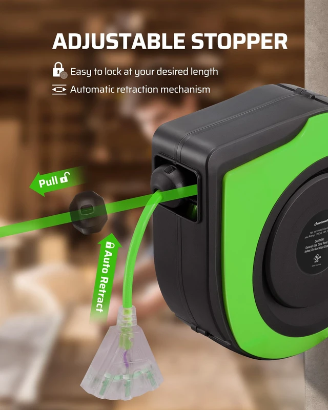 Alt view image 4 of 7 - 75FT Extension Cord Reel10A Circuit Breaker, UL Listed, Green Lighted Triple Outlets, 14/3C SJTOW, 10A Circuit Breaker, Ceiling/Wall Mount, 180° Swivel Bracket for Garage, Workshop