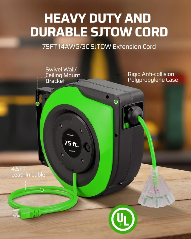 Alt view image 3 of 7 - 75FT Extension Cord Reel10A Circuit Breaker, UL Listed, Green Lighted Triple Outlets, 14/3C SJTOW, 10A Circuit Breaker, Ceiling/Wall Mount, 180° Swivel Bracket for Garage, Workshop