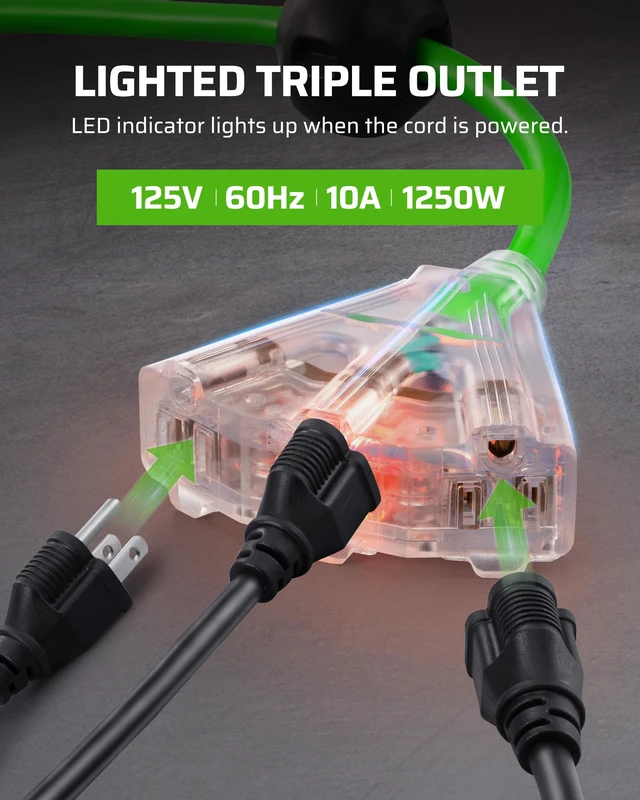 Alt view image 7 of 7 - 75FT Extension Cord Reel10A Circuit Breaker, UL Listed, Green Lighted Triple Outlets, 14/3C SJTOW, 10A Circuit Breaker, Ceiling/Wall Mount, 180° Swivel Bracket for Garage, Workshop