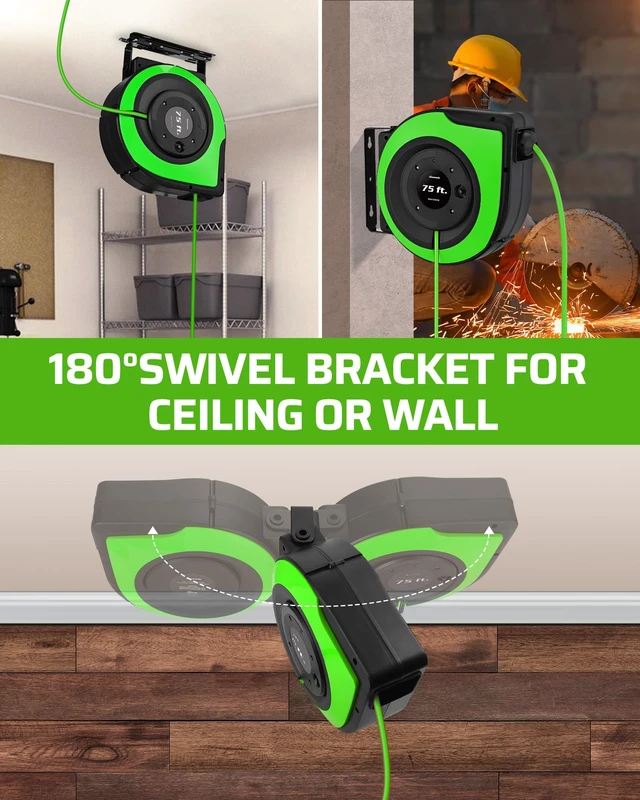 Alt view image 5 of 7 - 75FT Extension Cord Reel10A Circuit Breaker, UL Listed, Green Lighted Triple Outlets, 14/3C SJTOW, 10A Circuit Breaker, Ceiling/Wall Mount, 180° Swivel Bracket for Garage, Workshop