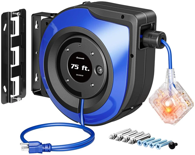 Main image of 6 Grounded Outlets Retractable Extension Cord Reel, ETL Listed lluminated On/Off Switch, 14/3C SJTOW, 10A Circuit Breaker, Wall/Ceiling Mounted for Garage, Workshop, Blue