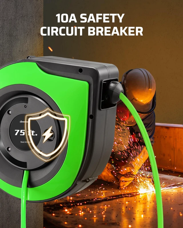 Alt view image 6 of 7 - 75FT Extension Cord Reel10A Circuit Breaker, UL Listed, Green Lighted Triple Outlets, 14/3C SJTOW, 10A Circuit Breaker, Ceiling/Wall Mount, 180° Swivel Bracket for Garage, Workshop