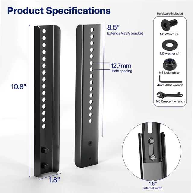 Alt view image 3 of 7 - Black Large Vertical VESA TV Mount Extension Bracket Kit, MOUNT-AD250 Adapter Plate Designed for Low VESA Pattern TVs, Fits TV Ceiling Mounts, 2 Brackets, 8.5 inch Extension