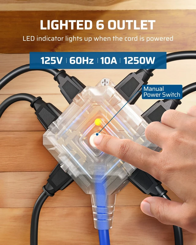 Alt view image 2 of 7 - 6 Grounded Outlets Retractable Extension Cord Reel, ETL Listed lluminated On/Off Switch, 14/3C SJTOW, 10A Circuit Breaker, Wall/Ceiling Mounted for Garage, Workshop, Blue
