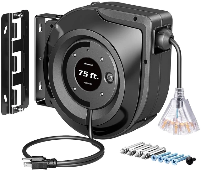 Main image of 75FT Retractable Extension Cord Reel, UL Listed, Black Lighted Triple Outlets, 14/3C SJTOW, 10A Circuit Breaker, Ceiling/Wall Mount, 180° Swivel Bracket for Garage, Workshop